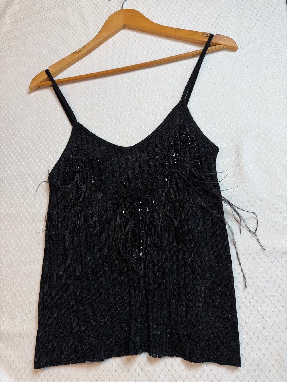 Zara Black Beaded Feather-Trim Spaghetti Strap Tank Top